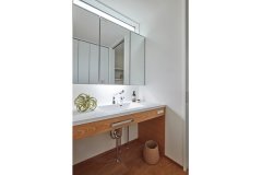 使う頻度の高い洗面室は脱衣室と分けて、床や洗面台に木肌のぬくもりを取り入れた。